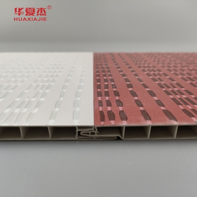 แผนผนัง pvc ดีไซน์โมเดิร์น laminated wpc pvc แผนผนังสีเทาและสีแดงสําหรับตกแต่งโรงแรม